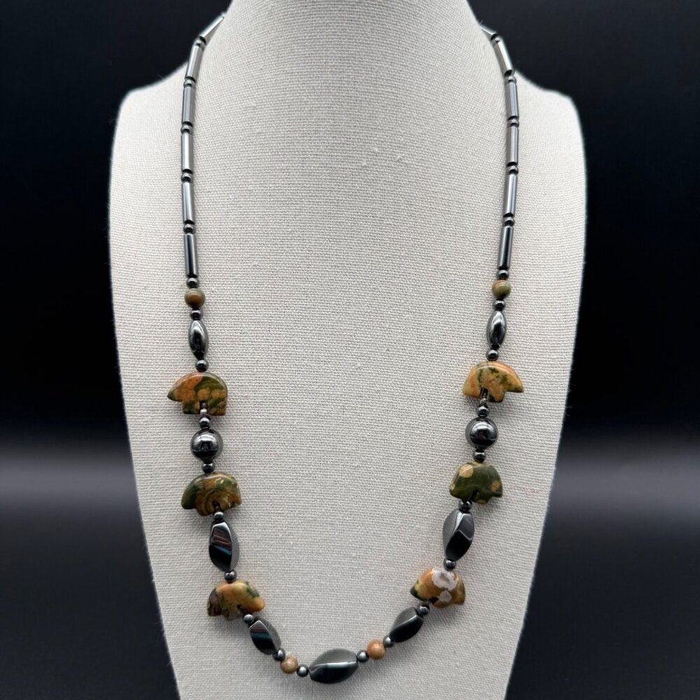 Hematite & Jasper Stone Bear Fetish Style Necklace 24" Barrel Clasp Strength